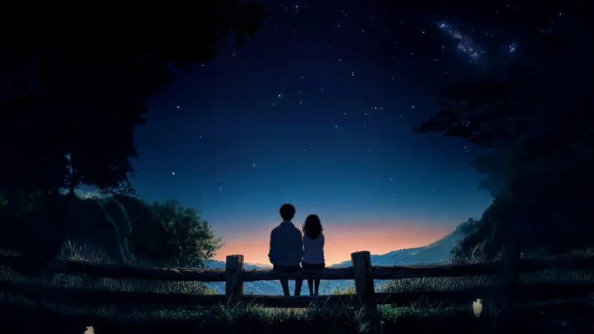 couple sitting together under starry night sky overlooking landscape romantic wallpaper