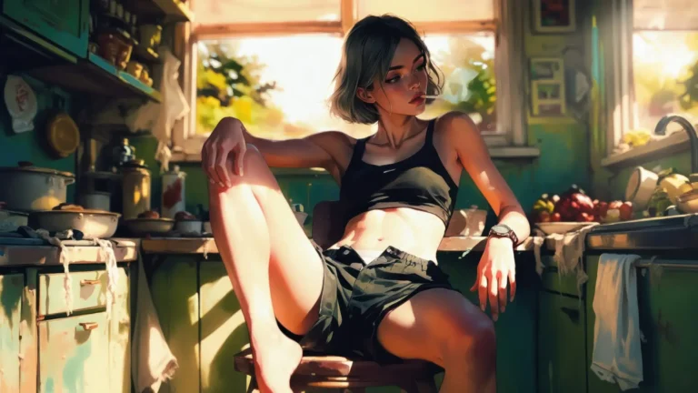 girl sitting in cozy kitchen with warm golden sunlight through window relaxed aesthetic morning scene wallpaper