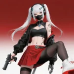 cyber anime girl with silver hair wearing red skirt black mask holding gun futuristic aesthetic wallpaper