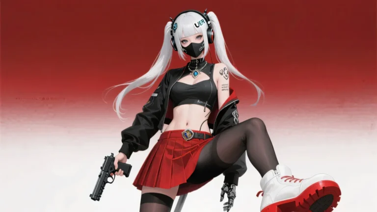 cyber anime girl with silver hair wearing red skirt black mask holding gun futuristic aesthetic wallpaper