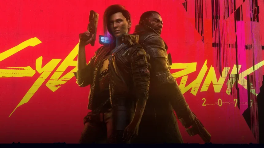 cyberpunk 2077 phantom liberty v and reed standing back to back with guns neon red background futuristic game wallpaper
