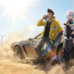 cyberpunk edgerunners anime duo leaning on futuristic car desert wind turbines sci fi wallpaper