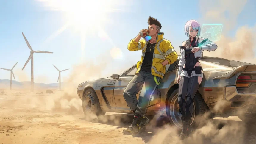 cyberpunk edgerunners anime duo leaning on futuristic car desert wind turbines sci fi wallpaper