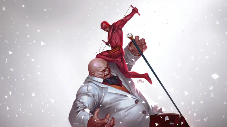 daredevil fighting kingpin intense final battle scene marvel action artwork wallpaper