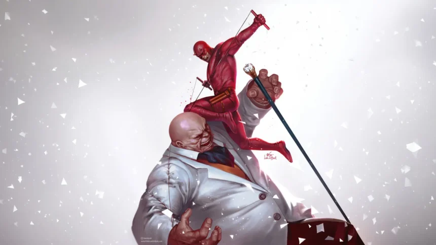 daredevil fighting kingpin intense final battle scene marvel action artwork wallpaper