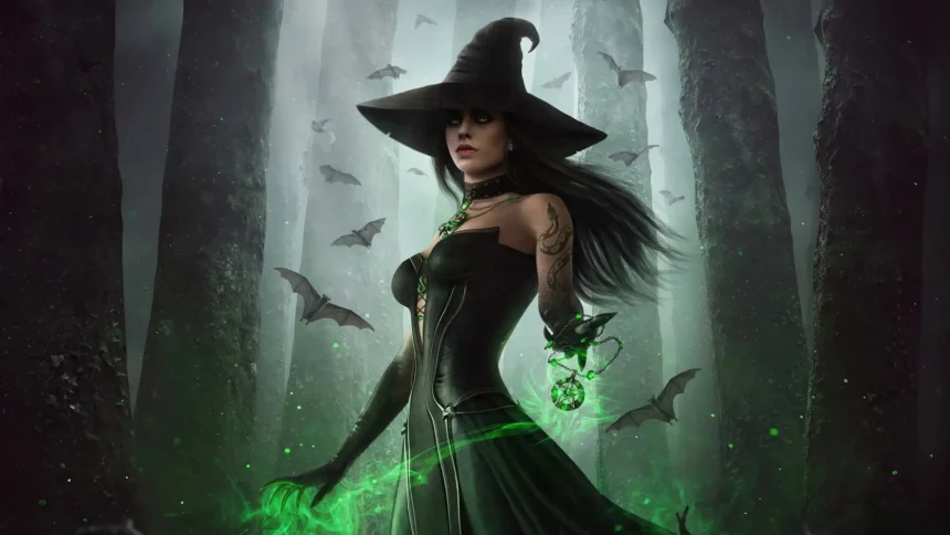 dark forest witch green magic fantasy sorceress bats mystical 4k wallpaper