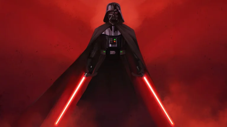 darth vader holding dual red lightsabers with glowing dark red background and cinematic sith energy wallpaper