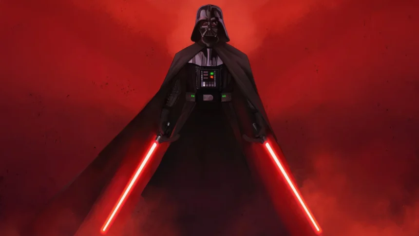 darth vader holding dual red lightsabers with glowing dark red background and cinematic sith energy wallpaper