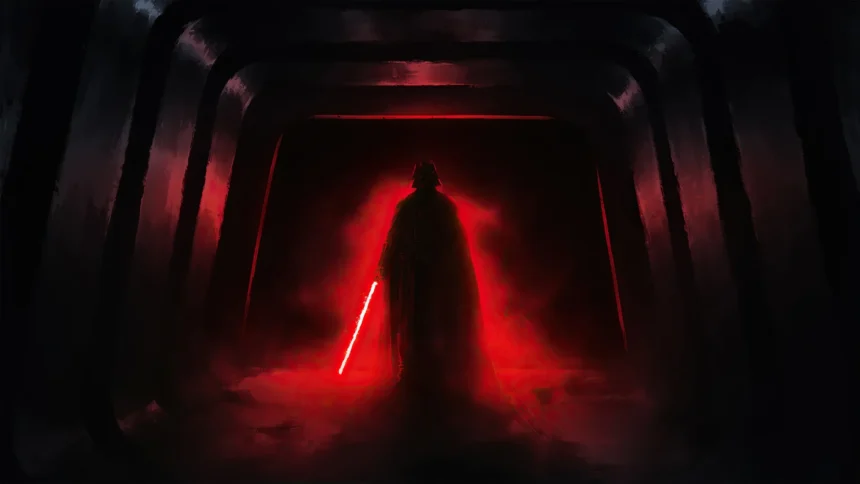 darth vader walking in red corridor with lightsaber rogue one cinematic dark scene wallpaper