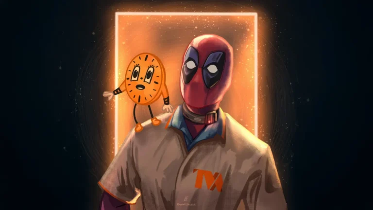 deadpool with miss minutes tva glowing portal orange neon marvel wallpaper