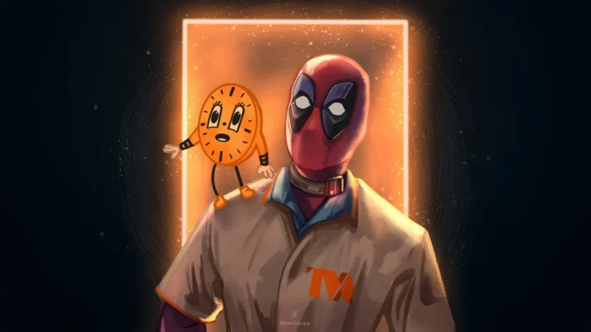 deadpool with miss minutes tva glowing portal orange neon marvel wallpaper