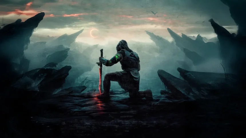 dark fantasy warrior kneeling glowing sword alien badlands cinematic 4k wallpaper