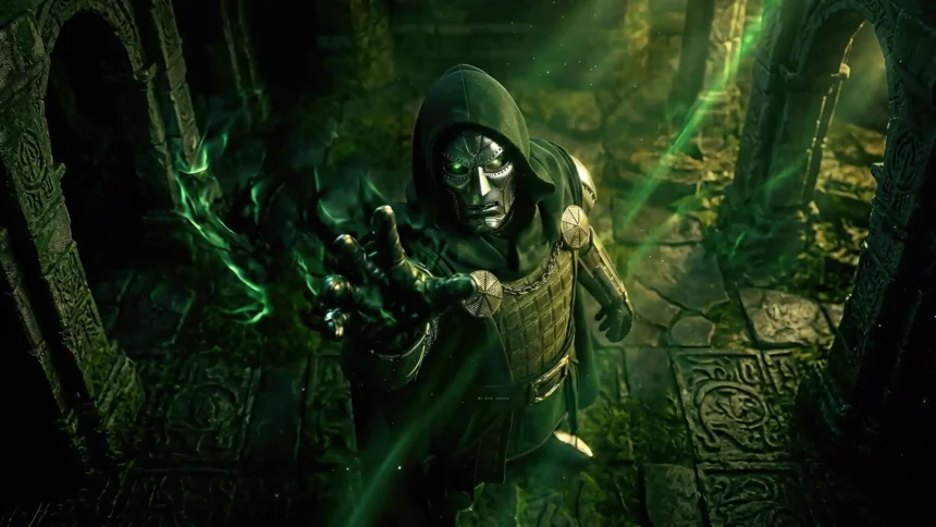 doctor doom green energy power reaching hand marvel villain dark armor mystical ruins wallpaper
