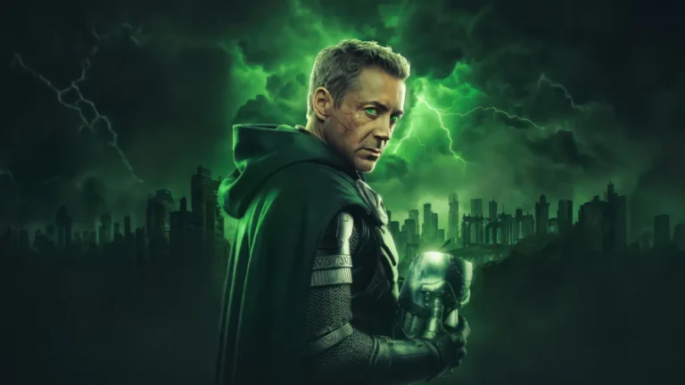 Doctor Doom glowing green energy lightning dark city skyline supervillain portrait wallpaper