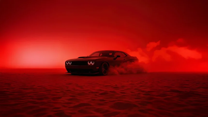 dodge challenger hellcat drifting in red smoke with glowing headlights wallpaper