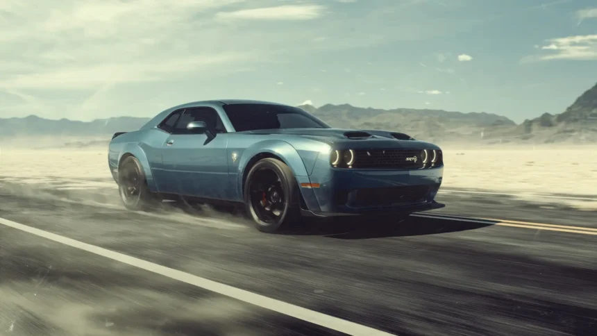 dodge challenger srt hellcat desert drive muscle car highway speed 4k wallpaper