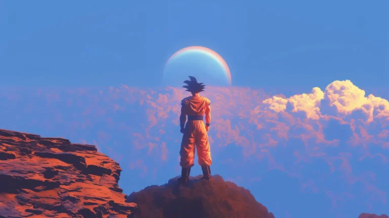 goku standing on cliff sunset clouds horizon anime sky landscape wallpaper