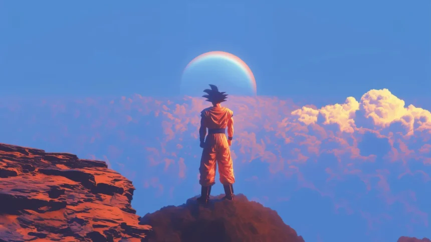 goku standing on cliff sunset clouds horizon anime sky landscape wallpaper