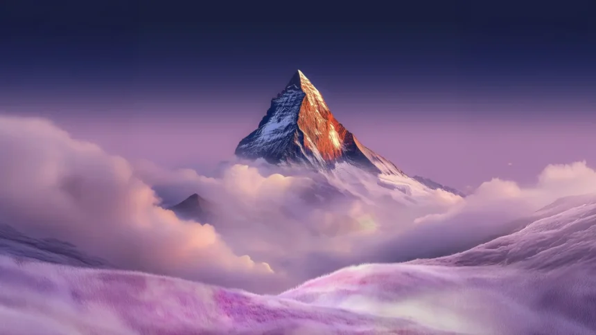 dreamy mountain peak above clouds sunrise pastel sky landscape 4k wallpaper
