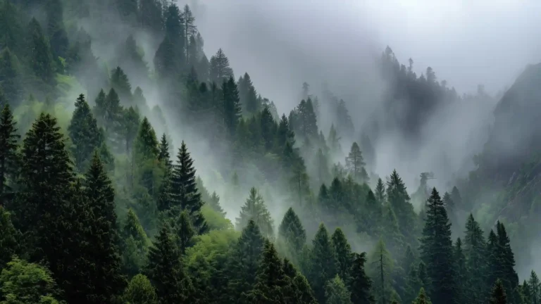foggy pine forest mountain landscape misty trees nature scenic 4k wallpaper
