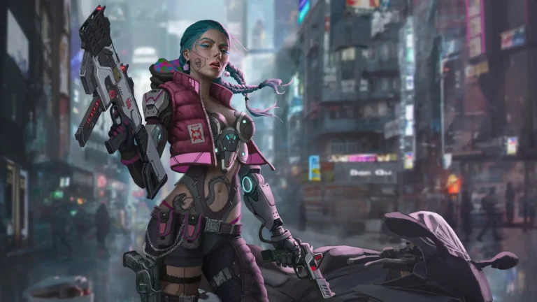 futuristic biker girl cyberpunk gun neon city cybernetic woman sci fi 4k wallpaper