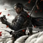 jin sakai standing in wind with samurai armor and mask ghost of tsushima cinematic scene wallpaper