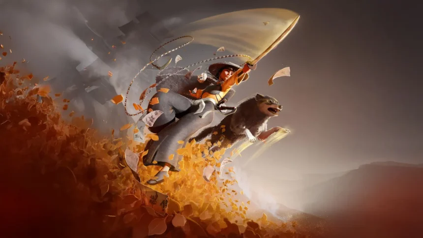samurai girl riding with wolf companion swinging glowing sword with fiery leaves and cinematic action wallpaper