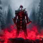 kratos standing in red flames with axe in dark forest god of war wallpaper