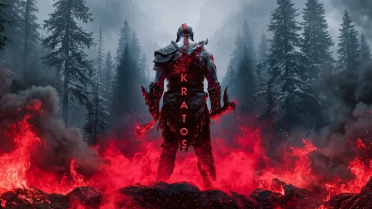 kratos standing in red flames with axe in dark forest god of war wallpaper
