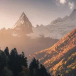 golden autumn mountain landscape with snowy peaks and sunrise light wallpaper