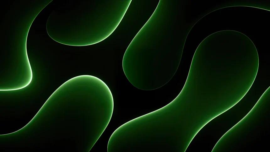 green abstract fluid glowing shapes with smooth neon curves on dark background wallpaper