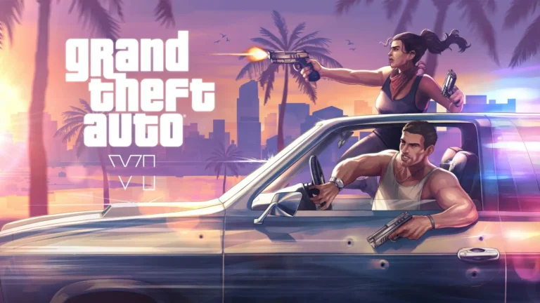 gta 6 car shootout duo firing guns sunset city neon grand theft auto wallpaper