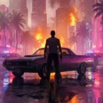 gta 6 neon police standoff scene with muscle car fire and city lights vice city wallpaper
