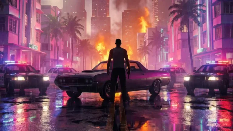 gta 6 neon police standoff scene with muscle car fire and city lights vice city wallpaper