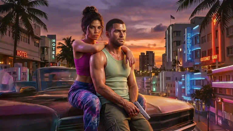 GTA 6 Jason and Lucia sitting on car in Vice City neon sunset wallpaper