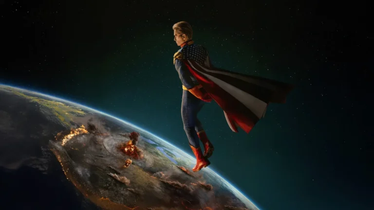 homelander floating in space above earth with destruction scene dark superhero wallpaper