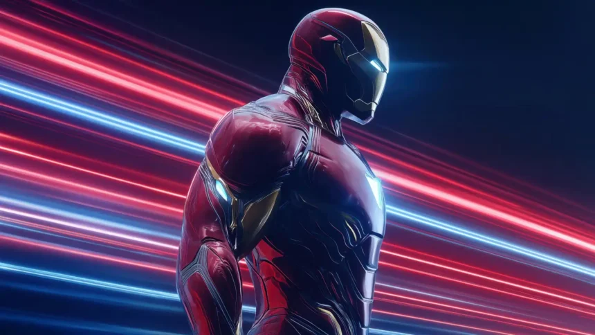 iron man futuristic armor with neon red blue light trails glowing suit wallpaper
