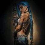 jinx arcane character with blue braided hair tattoos holding weapon dark neon rebel aesthetic wallpaper
