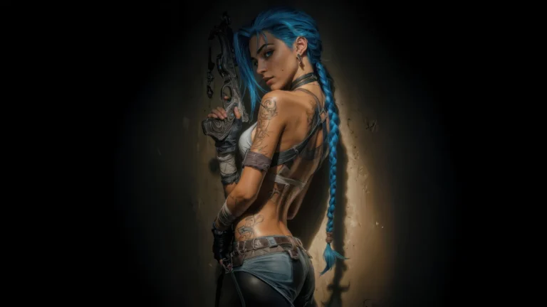 jinx arcane character with blue braided hair tattoos holding weapon dark neon rebel aesthetic wallpaper