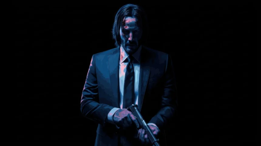john wick holding gun in dark blue lighting cinematic assassin portrait wallpaper