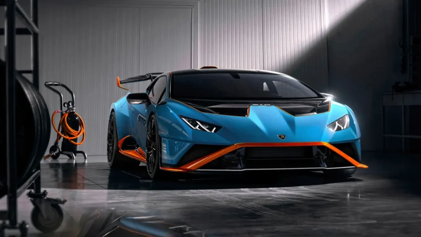 lamborghini huracan sto blue orange supercar studio lighting 4k, 6k wallpaper