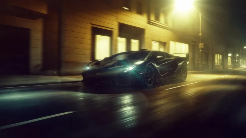 lamborghini sc18 driving fast through city at night with motion blur and glowing street lights wallpaper