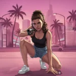 lucia gta 6 neon city aiming gun pink vice city style character wallpaper