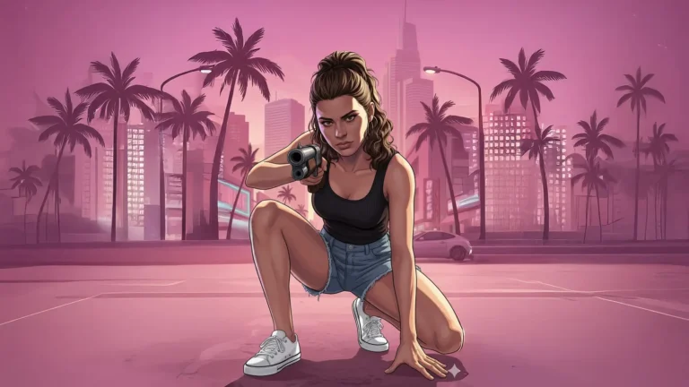 lucia gta 6 neon city aiming gun pink vice city style character wallpaper