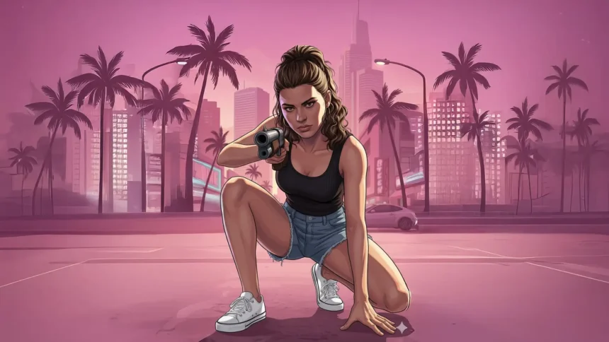 lucia gta 6 neon city aiming gun pink vice city style character wallpaper