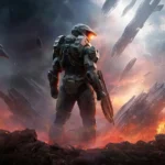 master chief standing in fiery battlefield with falling alien ships halo wallpaper