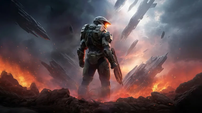 master chief standing in fiery battlefield with falling alien ships halo wallpaper
