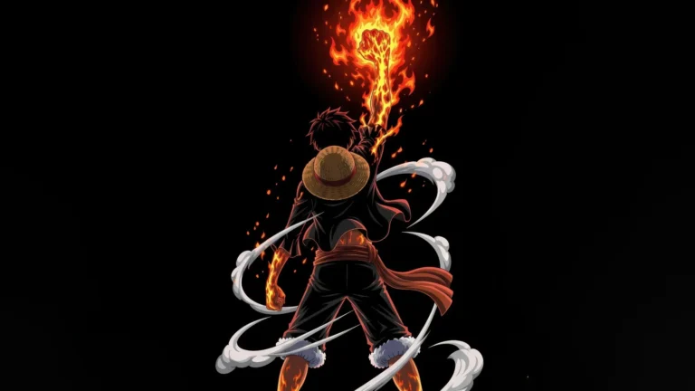 monkey d luffy raising flaming fist with fire aura one piece anime wallpaper