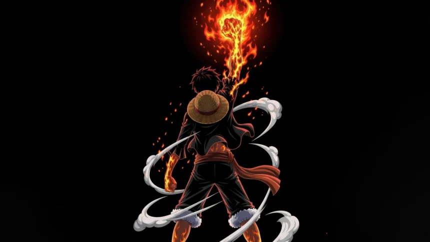 monkey d luffy raising flaming fist with fire aura one piece anime wallpaper