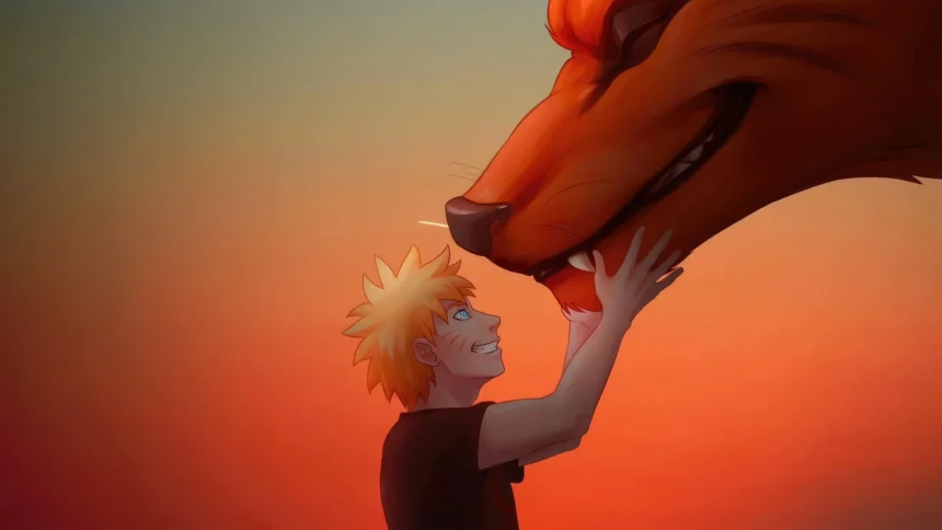 naruto touching kurama fox nose emotional bond sunset anime wallpaper